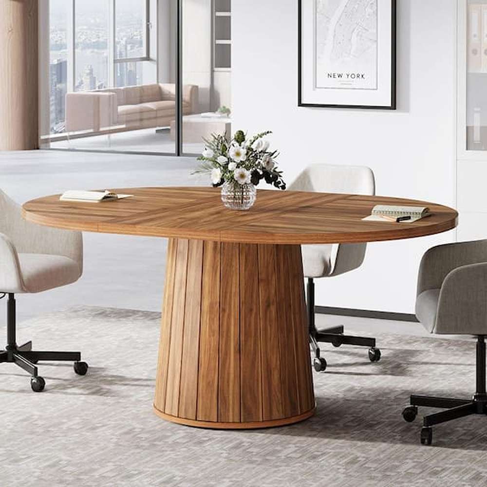 Capen 55 in. Oval Brown Wood Conference Table Meeting Room Computer Desk with Pedestal Wood Base for Home Office