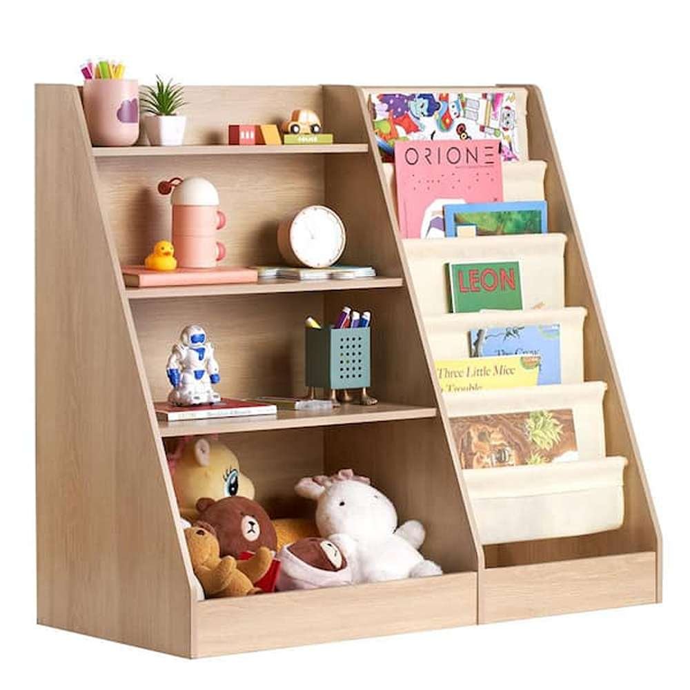 Tier Kids Wooden Bookshelf, Brown 6-Layer Sling Bookcase, Kid Storage Book Rack, Toy Organizer Cabinet, for Kids